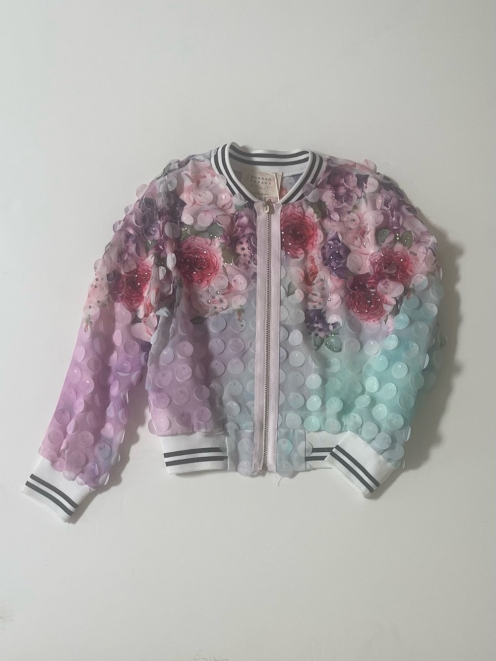 Hannah Banana Pastel Floral Sequin Chiffon cut Out Bomber Jacket